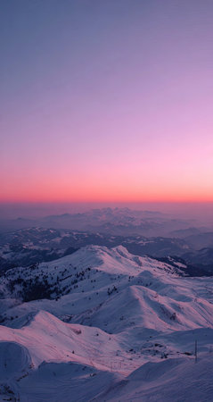An aerial perspective showcases a snow-covered mountain range during a vibrant sunset. The composition features a gradient sky with shades of pink and purple, reflecting on the snow. The image evokes a sense of tranquility and could be used for various commercial or editorial applications.の素材