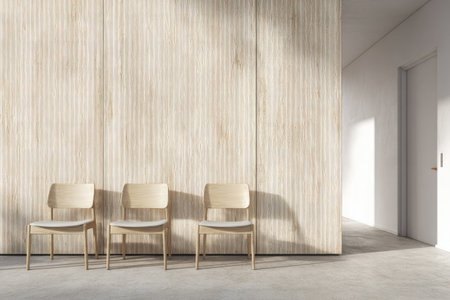 This image showcases three identical wooden chairs lined up against a wall in a sparsely furnished room. The neutral color palette is highlighted by natural light and shadows. The composition and style suggest potential uses in architectural, design, or lifestyle-related content. The image could be suitable for editorial or commercial projects.の素材
