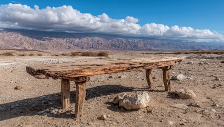 An aged wooden bench rests in a barren, desert landscape. The image features warm tones and a wide-angle composition, with the bench as the central element. A backdrop of distant mountains under a partly cloudy sky adds depth. Suitable for editorial and commercial use, this image evokes a sense of solitude and natural beauty.の素材