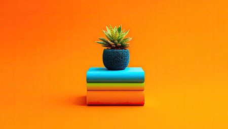 A potted plant rests on a stack of colorful books, set against a solid orange backdrop. The composition features a clean, simple style with a focus on color and form. This image could be suitable for various uses, including editorial and marketing materials, highlighting concepts of learning or nature.の素材