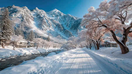 A snow-covered road winds through a winter scene with snow-laden trees and majestic mountains. The composition features a pathway framed by frosted branches, leading towards the snow-covered peaks under a clear, blue sky. This image can be used for travel, seasonal promotions, or environmental projects.の素材