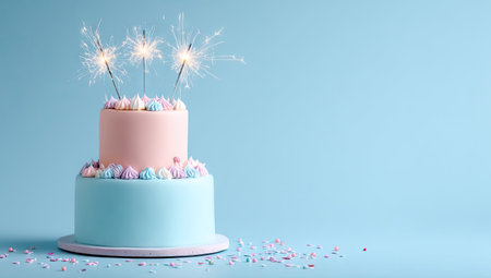 A two-tiered cake, predominantly pink and blue, is the central element of the image. Decorated with frosting and topped with sparklers, it sits against a light blue background. The composition features a clean, studio-style aesthetic. It could be used for celebratory themes, advertising, or general design projects.の素材