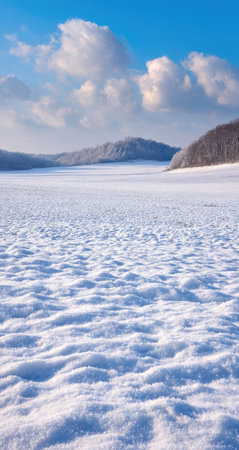 A vast snow-covered landscape unfolds under a bright blue sky, punctuated by fluffy white clouds. Rolling hills covered in trees and snow form the backdrop. The image features a low-angle perspective, emphasizing the texture of the snow. The scene suggests a cold winter environment, suitable for various editorial and commercial applications.の素材