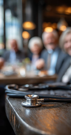 A stethoscope rests on a wooden table, in front of a blurry background showing people. The image features a shallow depth of field, with soft lighting. Potential uses include medical publications, articles, or presentations about healthcare, patient care, or medical technology, indoors.の素材