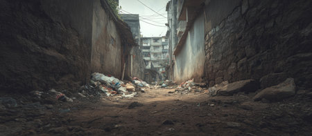 An image captures a desolate urban scene featuring a narrow alleyway. The composition showcases old buildings with weathered facades, and the ground is covered with debris. The overall color palette is muted, with shades of brown and gray. This photograph could be used for various commercial or editorial purposes, conveying themes of decay and urban life.の素材