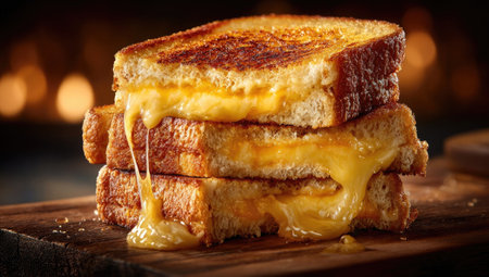 A close-up captures a stack of grilled cheese sandwiches. The golden-brown toasted bread contrasts with the melted, dripping cheese. The composition features warm lighting, suggesting an indoor setting. Suitable for use in culinary, food-related, or lifestyle publications and projects.の素材