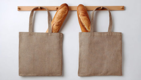 Two brown canvas tote bags are hanging on a wooden rack, each containing a baguette. The image features a bright, clean composition against a white wall. The style is simple with overhead lighting. Suitable for food-related projects or visual content about shopping and groceries.の素材