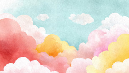 A whimsical watercolor painting depicts vibrant, fluffy clouds in shades of pink, orange, and yellow against a light blue backdrop. The soft textures and blended colors evoke a dreamy, airy atmosphere. This illustration may be suitable for children's books, websites, or various design projects requiring a gentle, artistic aesthetic.の素材