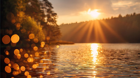 A serene lake reflects the warm hues of a sunset, casting long shadows. Golden sunlight streams through the trees, creating a soft, ethereal glow on the water's surface. The composition showcases natural beauty. It's suitable for various applications, including print, digital media, and environmental projects.の素材
