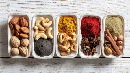 An overhead view displays assorted nuts and spices neatly arranged in white rectangular bowls. The vibrant colors of the ingredients, ranging from warm browns and yellows to deep reds and greens, create a visually appealing composition. This arrangement might be suitable for culinary publications, food blogs, or marketing materials.の素材