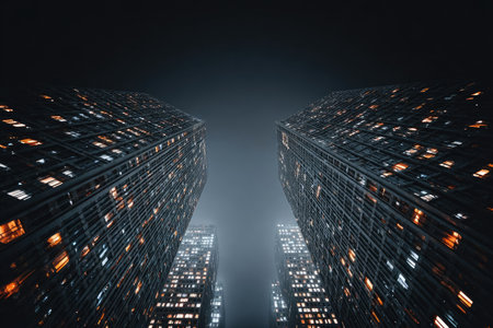 Two skyscrapers dominate the frame, their illuminated windows contrasting against the dark, overcast sky. The composition emphasizes the buildings' upward reach, with the perspective creating a sense of height. This image features a somber, cinematic style, suitable for various commercial or editorial applications.の素材