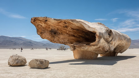 A large, textured wooden sculpture stands prominently on a vast, arid landscape under a clear blue sky. The sculpture's natural, weathered appearance contrasts with the barren terrain. Distant mountains and sparse figures suggest an expansive, outdoor setting. Suitable for commercial applications such as stock imagery and visual content.の素材