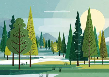 An illustration depicts a forest scene with various trees and a sun. The artwork presents a flat design style, featuring a range of greens, yellows, and blues, with soft lighting and a serene atmosphere. This image could be suitable for use in websites, educational materials, or decorative design projects.の素材
