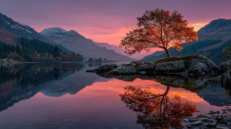 A vibrant landscape showcases a lone tree perched atop a rocky outcrop, mirroring in the still water below. The scene is bathed in the warm hues of a sunset or sunrise, with shades of orange, purple, and blue. The composition highlights the natural beauty of the environment, suggesting use for various commercial and editorial projects.の素材