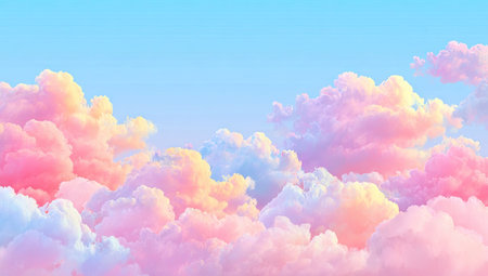 A beautiful image showcases soft, fluffy clouds in a range of pastel colors, including pink, orange, and blue. The composition displays a full view of the sky with the clouds filling the majority of the frame. This image might be suitable for various creative or commercial projects.の素材