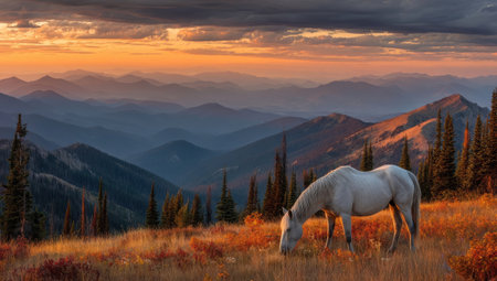 A white horse peacefully grazes in a vibrant meadow, bathed in the warm glow of the setting sun. The landscape showcases rolling mountains in shades of blue and gold. The scene features natural light and a serene composition suitable for various editorial and commercial applications.の素材