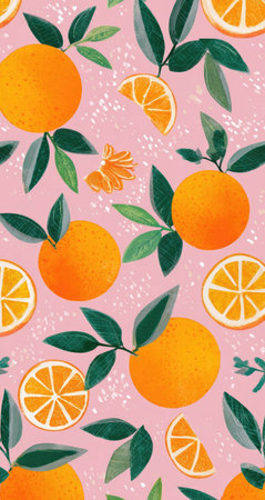 This image presents a repeating pattern featuring oranges, sliced citrus, and green leaves set against a pink backdrop. The illustration showcases a flat design with bright colors and a balanced composition, suggesting a fresh and natural theme. It could be suitable for various design projects, including textiles or decorative items.の素材