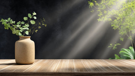 A beige vase filled with green leaves sits on a wooden table, illuminated by beams of sunlight. The composition features a blurred dark background with hints of greenery, creating a contrast. The image evokes a serene atmosphere suitable for various commercial or editorial applications.の素材