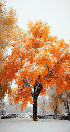 A striking tree displays bright orange foliage contrasting against a backdrop of fresh snow. The image showcases the tree's textured bark and branches, with an overall composition suggesting a tranquil winter day. Suitable for various uses, this image could enhance marketing materials or editorial content.の素材