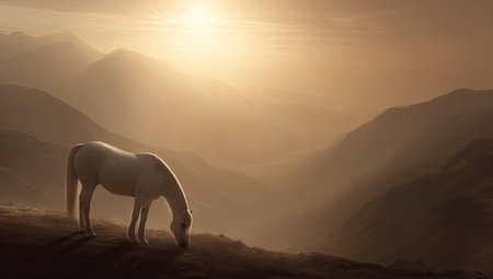 A white horse grazes on a hillside with mountain ranges in the background under warm sunlight. The image features soft lighting and a misty atmosphere. This photograph could be used for various commercial projects and editorial content related to nature and animals.の素材