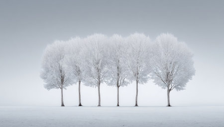 A row of trees stands with frosted foliage, creating a winter scene. The image showcases the cold, white aesthetic of a winter day. The trees are positioned in an outdoor environment, providing a visual appeal that could be suitable for various commercial or editorial applications.の素材