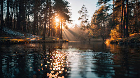 A serene landscape depicts a calm lake reflecting the sunlight filtering through trees. The scene features a naturalistic composition with warm colors, soft textures, and focused lighting. This image could be suitable for various commercial purposes, including environmental and nature-themed projects, or editorial content.の素材