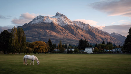 A white horse grazes peacefully in a verdant field, framed by a striking mountain range. The scene features lush green grass, various trees, and a mountain with snow. The composition has soft lighting. This image could be suitable for use in travel, nature, or lifestyle publications.の素材