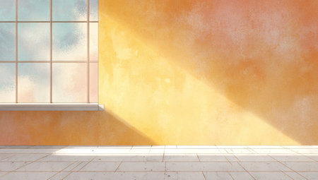 An interior scene features an orange wall illuminated by sunlight streaming through a window. The composition highlights contrasting textures between the wall and the floor. This architectural image could be suitable for various design, background, and conceptual uses.の素材
