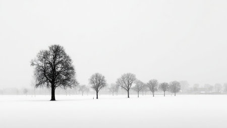 A grayscale photograph captures a serene winter scene dominated by a vast snow-covered field. Several bare trees are sparsely arranged, creating a sense of depth and scale. The minimalist composition, combined with the soft lighting, evokes a feeling of tranquility. This image could be suitable for various editorial and commercial applications.の素材