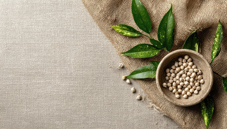A wooden bowl filled with chickpeas rests on a burlap surface, accompanied by fresh green leaves. The composition features neutral tones and natural textures, creating a sense of organic simplicity. This imagery is suitable for culinary, health, or wellness-related content, ideal for various commercial and editorial applications.の素材