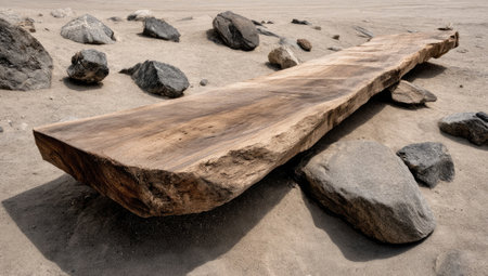 A wooden bench, sculpted from a single slab, rests on a sandy surface. Surrounding it are various rocks, suggesting an outdoor environment. The bench's natural wood grain and rough edges create a tactile contrast. Overhead lighting casts shadows, highlighting texture, potentially suitable for design projects.の素材
