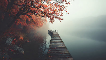 A wooden dock extends into a calm body of water, with colorful autumn trees framing the scene. The image showcases a natural outdoor setting, with soft lighting and a misty atmosphere. This composition could be used for various purposes such as editorial, or for adding a peaceful backdrop to design projects.の素材
