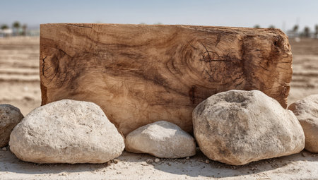 A close-up captures a textured wooden block and smooth stones set outdoors. The scene presents a warm, natural palette of browns and beige under bright sunlight. The composition focuses on the contrast of textures and forms, possibly suitable for design or product promotion.の素材