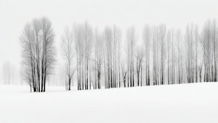 A grayscale photograph depicts bare trees against a white background of snow. The composition features a row of trees with visible trunks and branches, set within a stark winter environment. This image could be suitable for various commercial uses, including artistic prints or editorial content, emphasizing winter themes.の素材