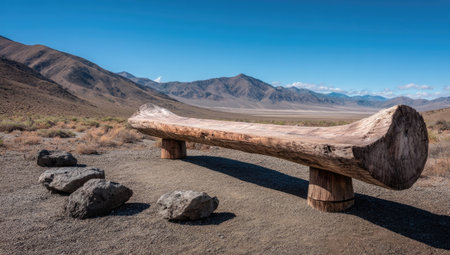 A rustic wooden bench sits in a desert environment, contrasted against mountains and a bright blue sky. The composition emphasizes the natural textures and forms, with a focus on simplicity and open space. This image could be suitable for editorial use, or for projects focusing on nature and outdoor themes.の素材