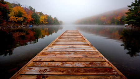 A wooden dock stretches toward the center of a lake, its surface reflecting the surrounding environment. The autumn landscape features trees with colorful foliage, while a misty fog blankets the background. This scene evokes a sense of tranquility and is suitable for various commercial or editorial applications.の素材