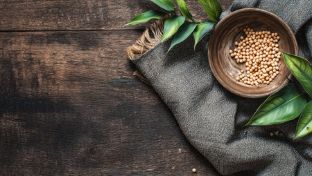 An overhead view reveals a rustic wooden table with a small bowl filled with seeds, accompanied by green leaves and a gray cloth. The lighting is natural, casting soft shadows. This image could be used for food, health, or lifestyle publications.の素材