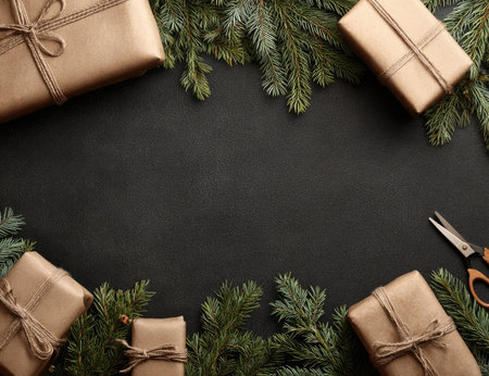 Presents wrapped in brown paper and tied with twine are arranged alongside evergreen branches on a dark background. The scene includes visible scissors. The composition uses overhead lighting. This image could be used for various commercial or editorial purposes related to holidays or gift-giving.の素材