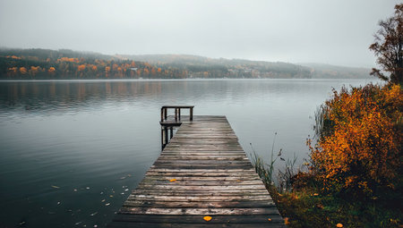 A wooden pier juts out into a tranquil lake under a hazy, overcast sky. The image showcases a muted color palette with soft blues and browns, and a sense of stillness. The composition emphasizes the horizontal lines of the pier and water. This image could be used for editorial and commercial purposes.の素材