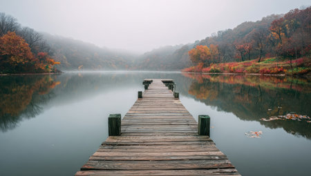 A wooden dock juts out into a tranquil lake, the scene enveloped in a soft, atmospheric fog. Warm autumn colors paint the surrounding trees. The composition utilizes a centered perspective, capturing a serene and isolated mood suitable for various editorial and commercial applications. The lighting is diffused.の素材
