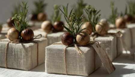 An overhead shot reveals multiple gift boxes wrapped in natural fabric and tied with twine. The presents are adorned with wooden balls, nuts, and sprigs of herbs. Soft lighting enhances the neutral color palette and the textured surfaces. Ideal for illustrating themes of gifting, natural products, or handcrafted items.の素材