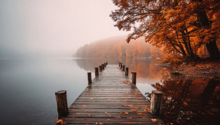 A wooden pier stretches into a calm lake enveloped in mist, with vibrant autumn foliage along the shoreline. The image showcases a natural outdoor environment, featuring warm colors and soft lighting. This scene is suitable for editorial projects, travel publications, and various visual media.の素材
