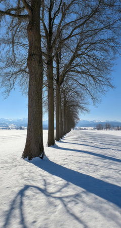 A row of bare trees stands on a snow-covered field under a bright blue sky. Long shadows stretch across the snow, indicating strong sunlight. The composition emphasizes lines and perspective, creating a sense of depth and space. Ideal for illustrating seasonal themes, environmental concepts, and nature.の素材
