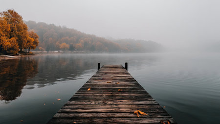 A wooden dock extends into a calm lake, creating a leading line into a foggy environment. The scene is dominated by muted colors, with the water and sky merging in a misty haze. The composition is balanced and serene, possibly suitable for editorial use or as a backdrop.の素材