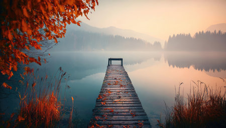 A wooden dock extends into a calm lake, reflecting the soft hues of the sky and surrounding environment. The image features a peaceful atmosphere with natural colors, gentle lighting, and an inviting composition. This scene could be used for various purposes, including promotional materials, editorial content, and decorative applications.の素材