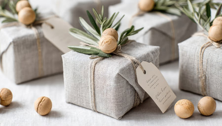 Several wrapped gifts are presented, each featuring natural embellishments. The gifts are covered in light-colored fabric, tied with twine, and adorned with sprigs and wooden spheres. The scene is lit with soft, diffused lighting, creating a clean and inviting aesthetic. These images could be suitable for promotional materials or editorial content.の素材