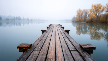 A wooden pier stretches towards the horizon over tranquil water on an overcast day. The pier's weathered planks offer a textural contrast against the smooth water. Misty air softens the distant treeline. This scene may be suitable for illustrating concepts of tranquility and serenity, useful for various commercial applications.の素材