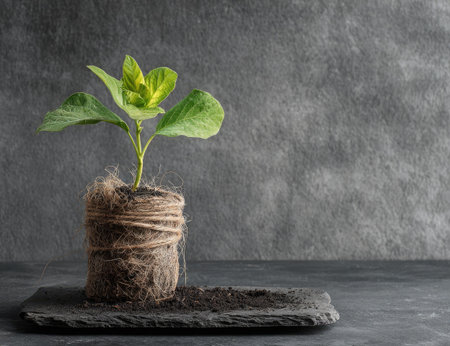 A small plant with vibrant green leaves sits in a textured, twine-wrapped pot, presented on a dark, slate-like surface. The composition is simple, with a neutral background and focused lighting, creating a sense of natural beauty. This image may be suitable for illustrating concepts of growth, nature, and environmental awareness in various visual projects.の素材