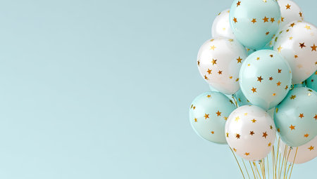 A cluster of pastel blue and white balloons adorned with gold star patterns is captured. The balloons are illuminated, set against a soft, solid background, highlighting their rounded forms. The image is likely suited for celebratory or decorative purposes, potentially useful for various design projects.の素材