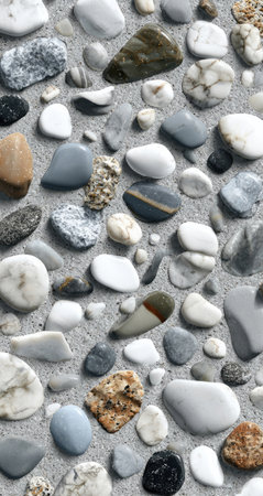 An overhead view displays various stones of different shapes and colors scattered across a textured background. The composition highlights a diverse collection of smooth rocks in shades of gray, brown, and white. This image is suitable for various commercial uses, including website backgrounds and design elements.の素材